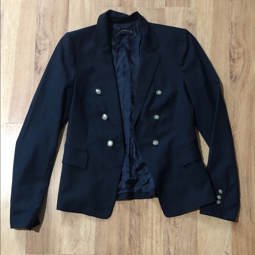 Double-Breasted Zara Navy Women's Blazer with Decorative Buttons